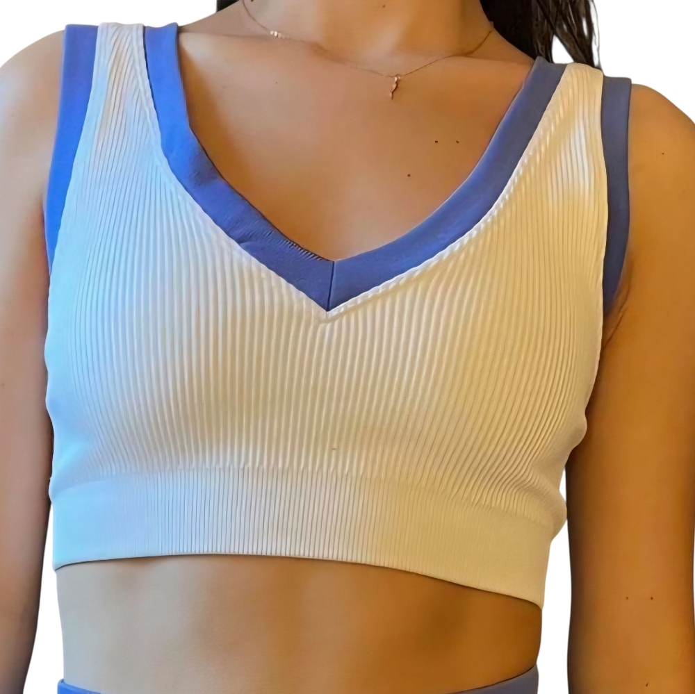 Offline Blue and White Ribbed V-Neck Crop Top